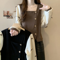 Plus size women's clothing for fat girls, retro French square collar irregular single-breasted long-sleeved top