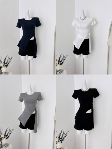 Youyan's designed irregular hem straps to tighten the waist and make you look slimmer, sleeveless short-sleeved T-shirt Chinese top