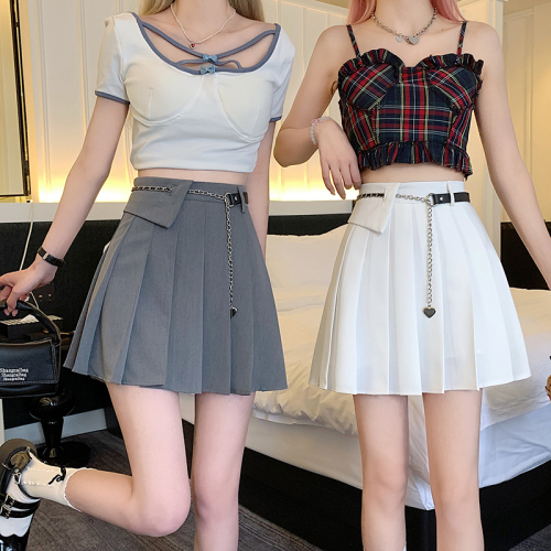 Actual shot of  autumn and winter new high-waist slim college style gray A-line skirt super hot pleated skirt petite short skirt