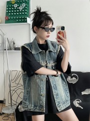 Vintage American Cowboy V-neck Jacket for Women - Spring 2024 New Arrival, Fringe Design, Unique, Loose-Fitting, Sleeveless Cardigan