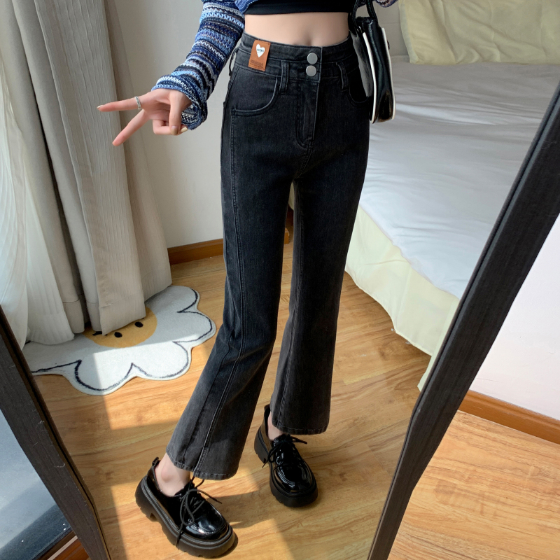 Actual shot of 2024 autumn and winter versatile loose denim front slit micro-flared pants for women 145CM petite