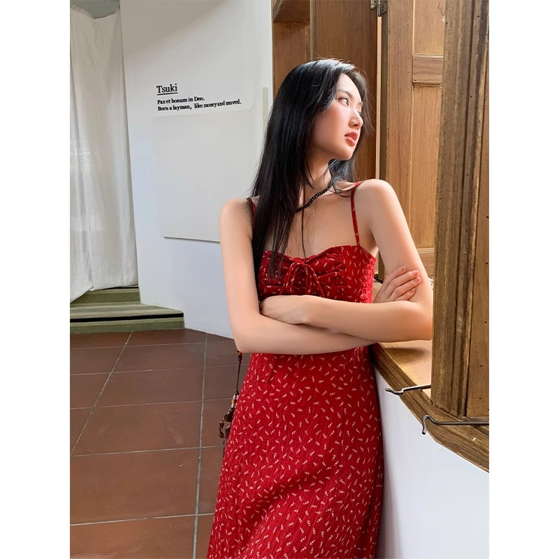 Adjustable Shoulder Strap + Back Zipper Floral Dress Women's Summer Hot Girl A-line Skirt Tank Top Dress Beach Long Dress