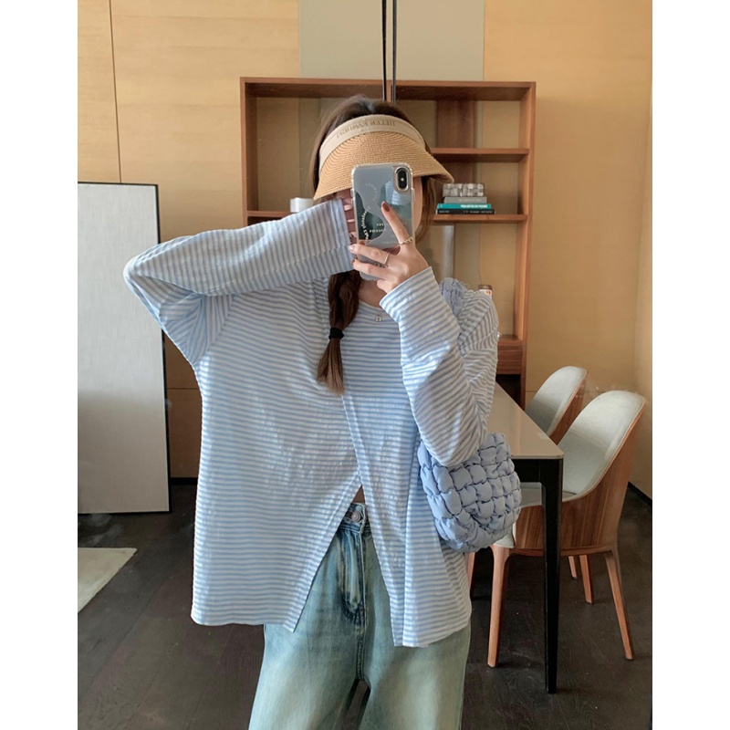 Lazily Styled Crew Neck Striped T-shirt for Women, Slit Design, Sensory Loose Casual Stylish and Versatile Sun Protection Cover-up Shirt, Thin Version for Summer