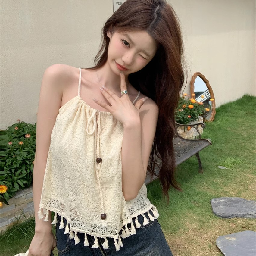 蕾絲法式純欲絕美小吊帶2024夏季時尚寬鬆小眾別致上衣女