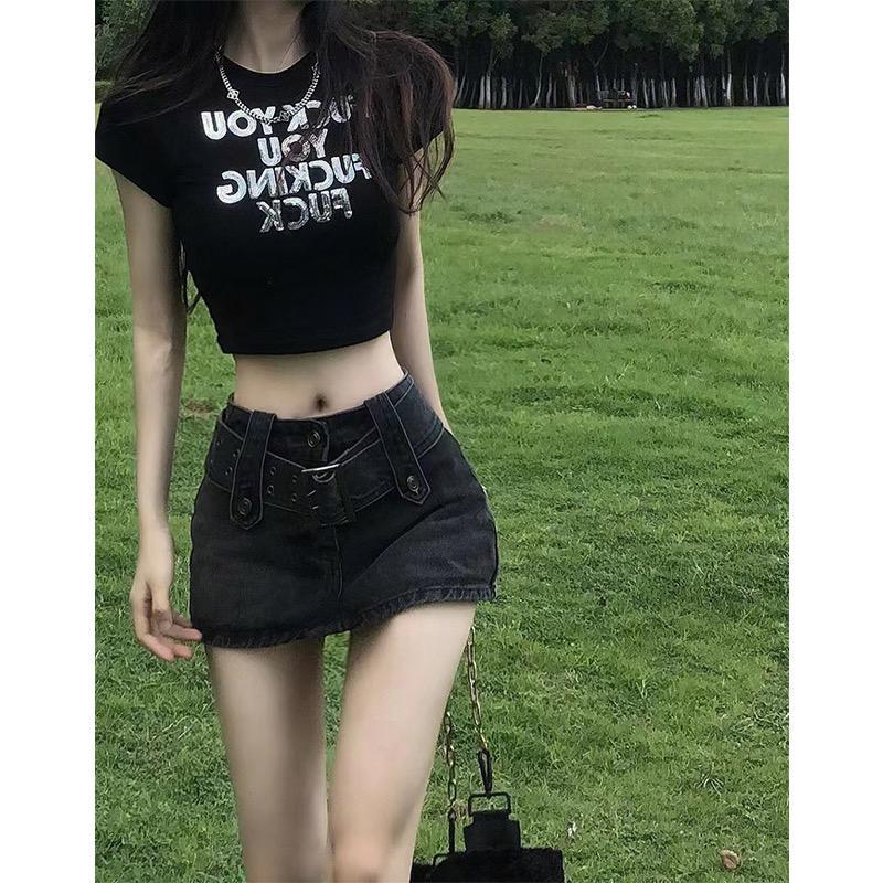 American retro hottie arm-length miniskirt for small women, high-waisted denim skirt, anti-exposure, hip-covering skirt, culottes