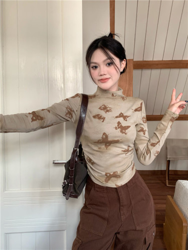 Butterfly print half turtleneck short waisted long-sleeved top