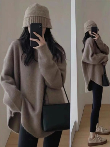 Raccoon velvet pullover sweater for women in autumn and winter, high-end, loose, lazy style, mid-length cashmere bottoming sweater, thickened