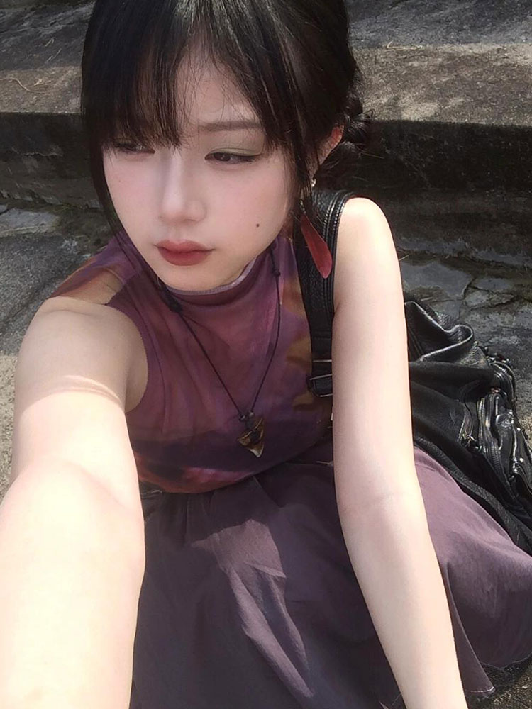 辣妹半高領印花網紗背心女夏季