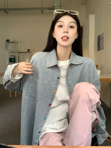 Actual shot~Large size women's colorful buttoned design blue and white striped washed denim loose long-sleeved shirt jacket