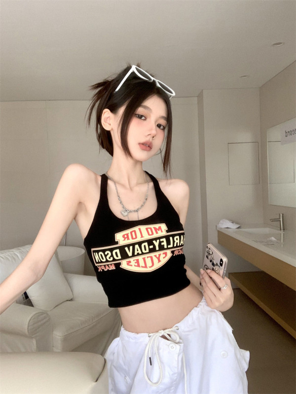 Actual shot and real price~ Designed niche printed letter short cross backless square neck slim slimming camisole