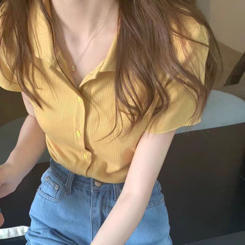 White ginger bm style slim lapel short top for women summer thin knitted single-breasted short-sleeved t-shirt trendy