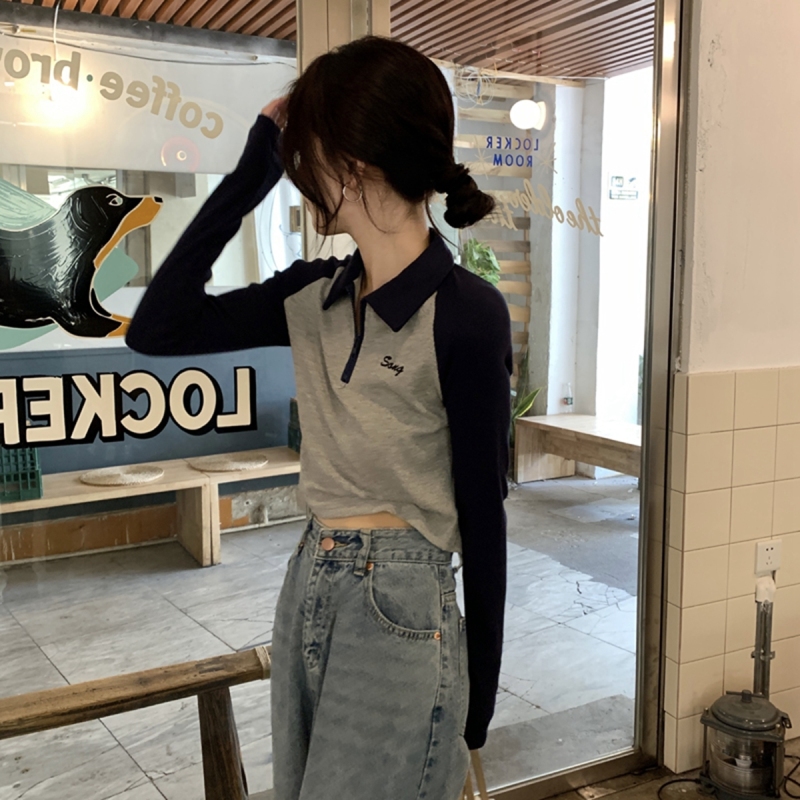 Autumn and winter Korean style slim raglan contrasting polo collar inner bottoming long-sleeved women's top T-shirt
