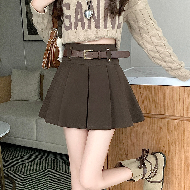 Coffee-colored woolen pleated skirt for women autumn and winter 2024 new versatile small anti-exposure a-line skirt