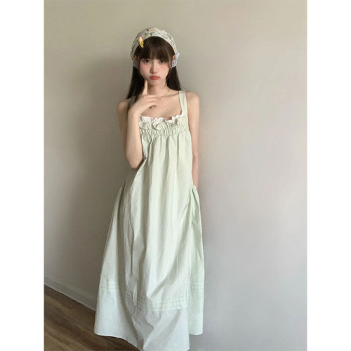 Small fresh mint milk green suspender dress for women summer fashion waist-exposed drawstring fungus-edged backless lace-up dress