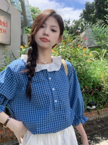 Blue plaid short-sleeved shirt for women 2024 summer new design niche chic retro babydoll top