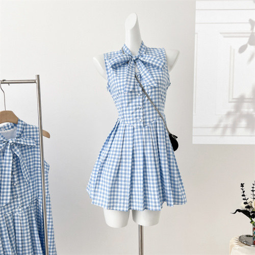 Chi San Umbrella 24/ss Midsummer Confession Blue and white plaid lace-up short sleeve top & bow dress summer