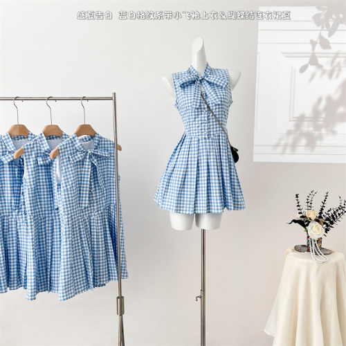 Chi San Umbrella 24/ss Midsummer Confession Blue and white plaid lace-up short sleeve top & bow dress summer