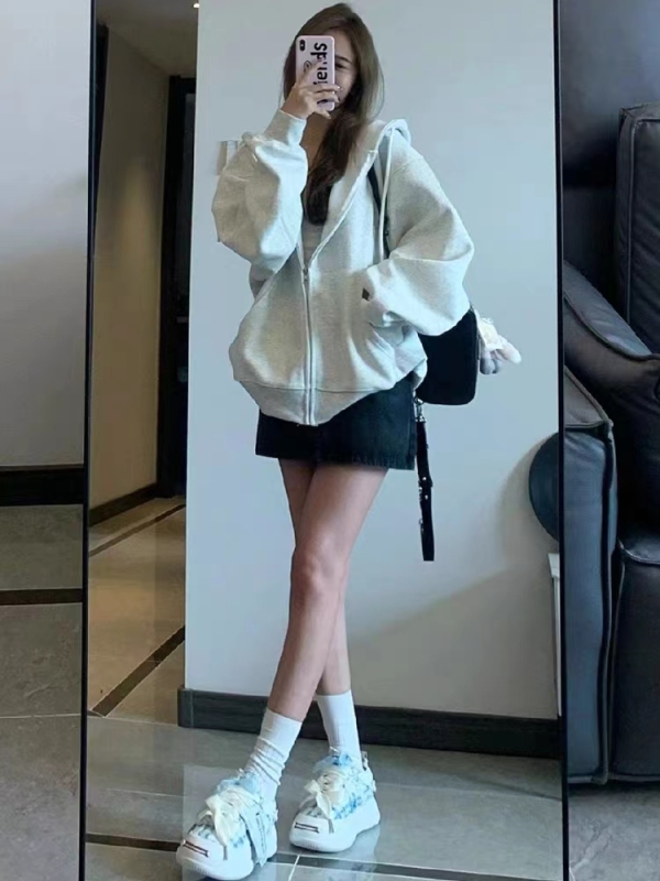 American simple commuter niche hooded cardigan sweatshirt loose casual fashion loose lazy zipper jacket top