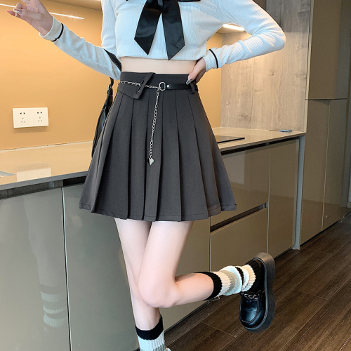 Actual shot of  autumn and winter new high-waist slim college style gray A-line skirt super hot pleated skirt petite short skirt