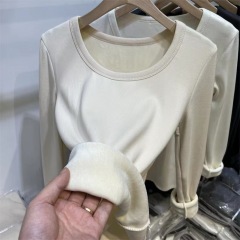 European thickened velvet low round neck long-sleeved T-shirt for women 2024 autumn and winter new one-piece velvet inner bottoming shirt top