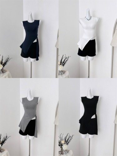 Youyan's designed irregular hem straps to tighten the waist and make you look slimmer, sleeveless short-sleeved T-shirt Chinese top