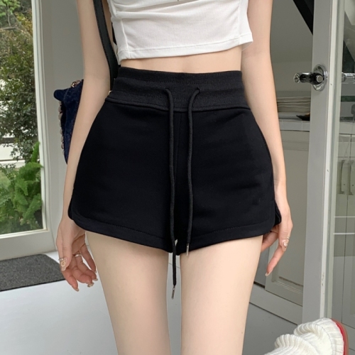 Real shot of hot girl drawstring sports shorts 2024 summer girls' sporty high-waisted versatile hip-covering A-line wide-leg pants