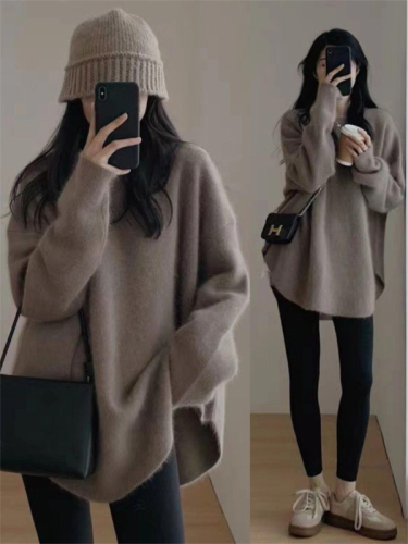 Raccoon velvet pullover sweater for women in autumn and winter, high-end, loose, lazy style, mid-length cashmere bottoming sweater, thickened