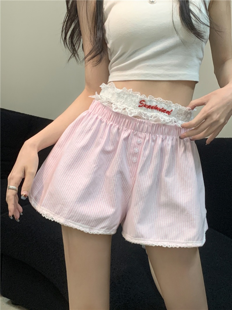 Real shot, real summer white lace embroidered leggings shorts + striped home casual pants