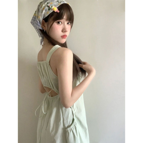 Small fresh mint milk green suspender dress for women summer fashion waist-exposed drawstring fungus-edged backless lace-up dress