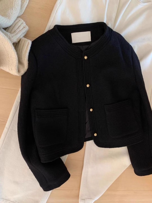French style black small fragrant coat for women in spring and autumn, small woolen short jacket, cardigan, outer top, autumn and winter