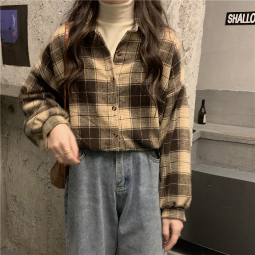 Actual shot, real price, new Korean style plaid thickened brushed loose coat plaid shirt