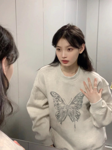 Chinese cotton composite thin 310g/plus velvet 410g autumn and winter sweatshirt for women with print