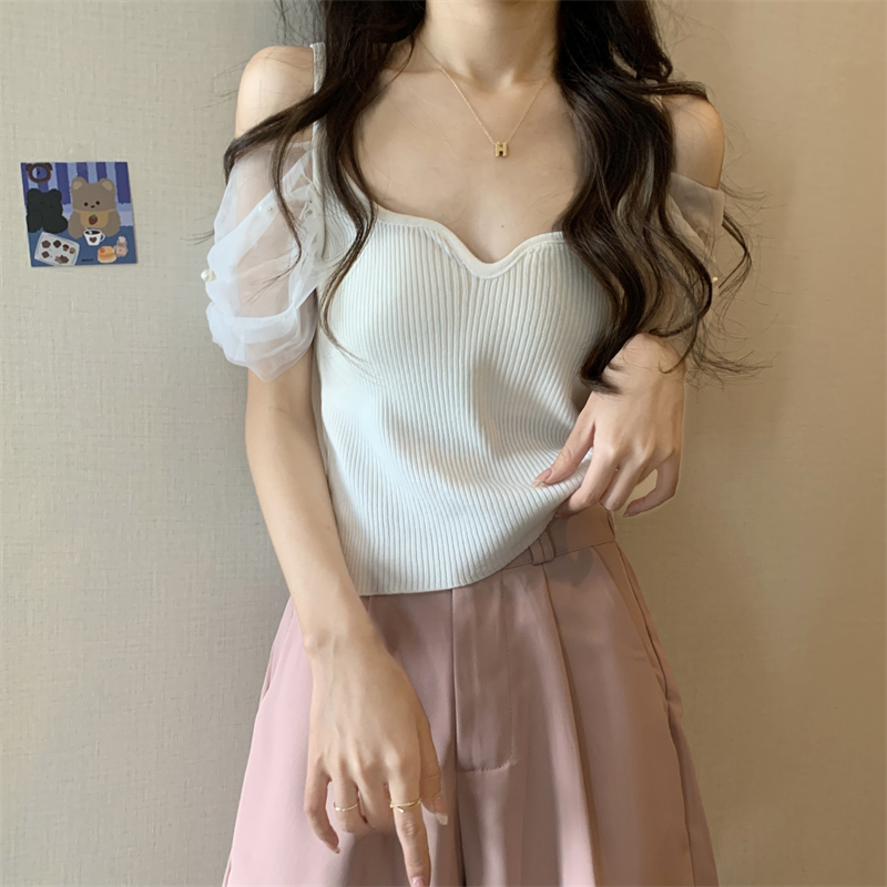 實拍   新款設計感網紗拼接針織衫女吊帶露肩一字領上衣
