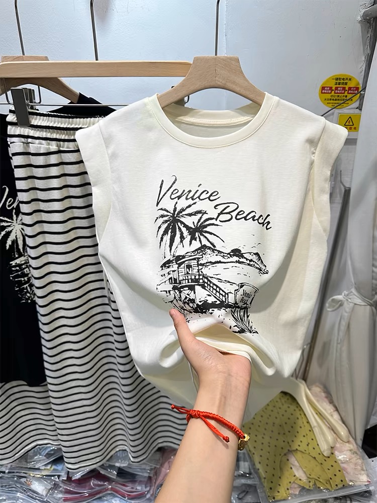 港風復古印花無袖背心女2024夏季新款時尚休閒內搭打底衫坎肩上衣