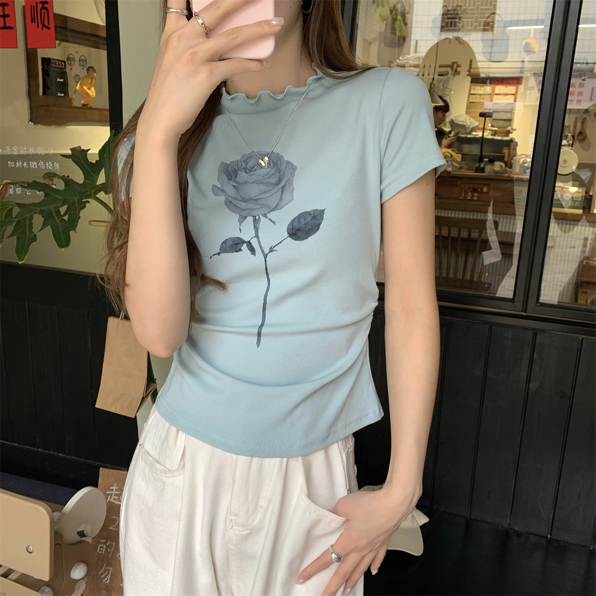 實拍 夏季韓版半高領氣質木耳邊溫柔玫瑰印花純棉短袖T恤上衣