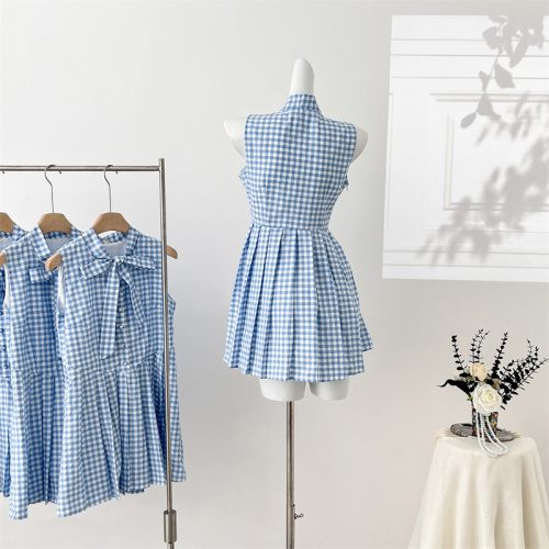 Chi San Umbrella 24/ss Midsummer Confession Blue and white plaid lace-up short sleeve top & bow dress summer