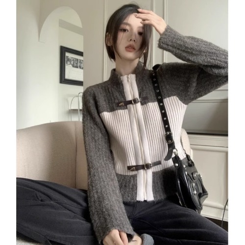 Arctic velvet acrylic 48% nylon 22% PBT 30% zipper half turtleneck knitted cardigan sweater temperament top