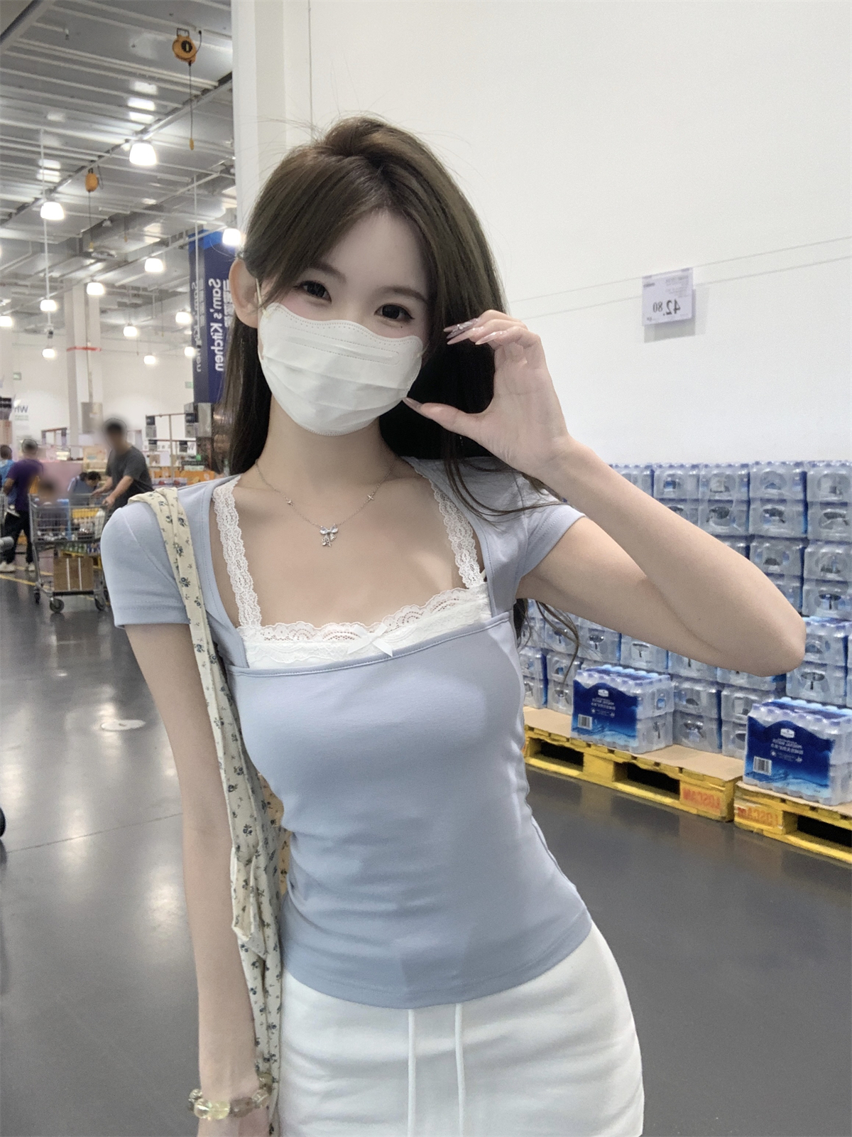 實拍 夏季韓版純欲方領蕾絲拼接假兩件修身純棉短袖T恤上衣