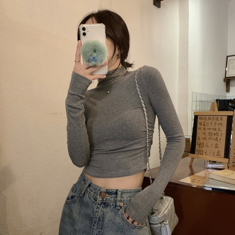 Autumn and winter Korean style slim-fitting mid-high collar pleated design bottoming shirt T-shirt top