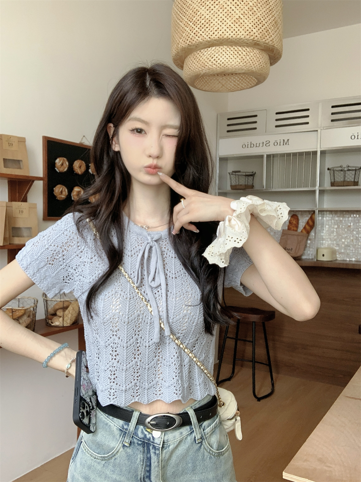 實拍 夏季韓版甜美系帶鏤空勾花設計感薄款針織衫短袖上衣女