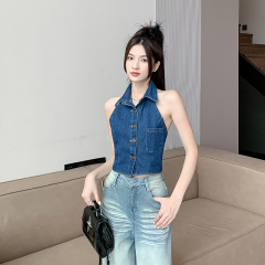 實拍~歐美復古性感露背掛脖牛仔背心女夏季外穿翻領短款上衣