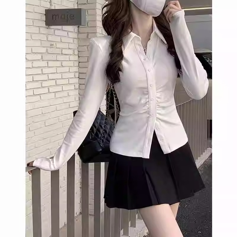 Pure lust style hot girl's waist-cinching temperament long-sleeved shirt spring new design slim fit inner cotton shirt