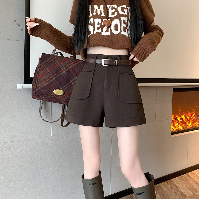 Real shots of new autumn and winter woolen shorts, high-waisted boot pants + belt