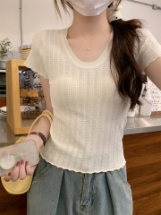 實拍 夏季韓版氣質U領鏤空薄款修身針織衫短袖上衣女