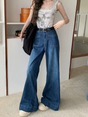 Real shot #New style micro horn high waist jeans women's design loose straight leg wide pants 