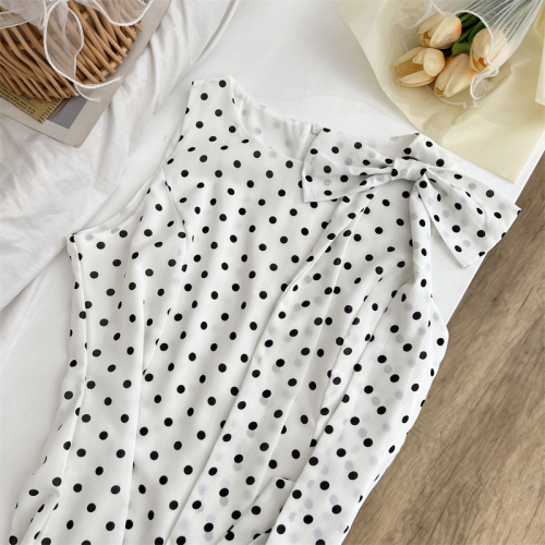 White water women's gray tone gray polka dot dress women's round neck bow design slimming short skirt