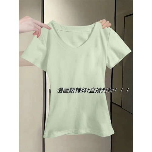 Small v-neck mint green waisted short-sleeved T-shirt women's right shoulder summer slim fit waist design sweetheart neck top