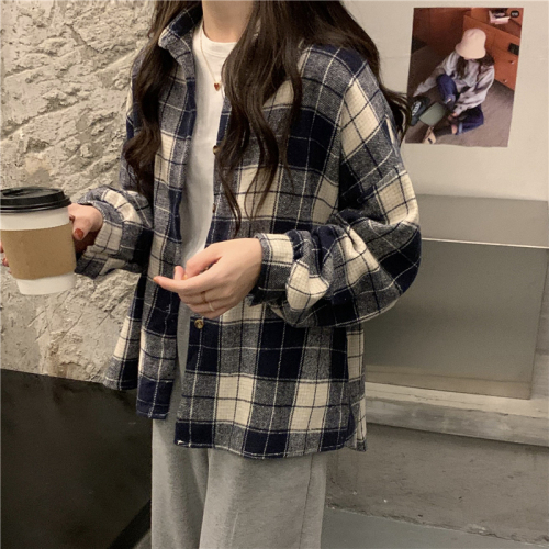 Actual shot, real price, new Korean style plaid thickened brushed loose coat plaid shirt