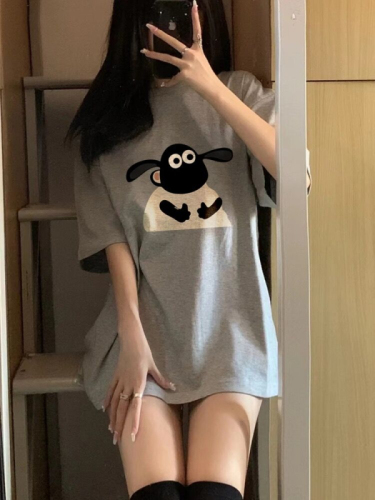 Heavy combed cotton 200g versatile casual white short-sleeved T-shirt for women summer loose back collar printed style