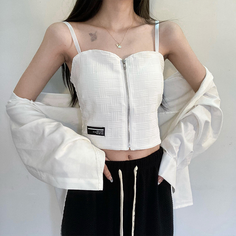 夏季新款韓版洋氣別致打底上衣外穿女設計感拉鏈吊帶內搭